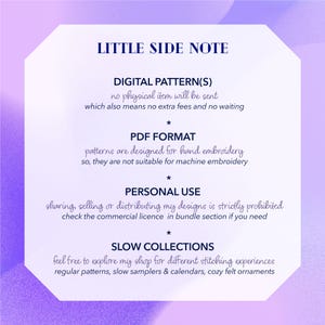 Puede incluir: Gr&aacute;fico blanco y morado con el texto "LITTLE SIDE NOTE". El texto describe patrones digitales, formato PDF, uso personal y colecciones lentas. La imagen es para patrones de bordado a mano.