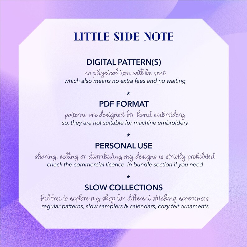 Puede incluir: Gr&aacute;fico blanco y morado con el texto "LITTLE SIDE NOTE". El texto describe patrones digitales, formato PDF, uso personal y colecciones lentas. La imagen es para patrones de bordado a mano.
