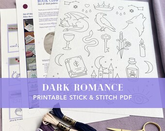 romantasy stick and stitch embroidery pattern pdf  • dark romance patch • gothic upcycle clothing  • dagger rose, raven & dragon designs
