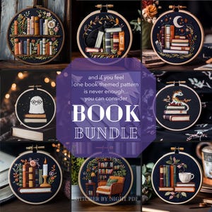 May include: A selection of embroidered hoops with book-themed designs. The hoops depict scenes such as stacks of books, a cat with books, a ghost with books, and a dragon on books. The text "BOOK BUNDLE" is also visible.
