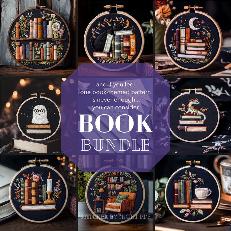May include: A selection of embroidered hoops with book-themed designs. The hoops depict scenes such as stacks of books, a cat with books, a ghost with books, and a dragon on books. The text "BOOK BUNDLE" is also visible.