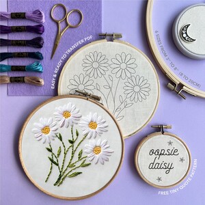 Diseño de bordado de margaritas en PDF * Adorno floral de nacimiento de abril * Regalo de flores silvestres DIY * Patrón de costura a mano de margaritas "oopsie" imagen 2