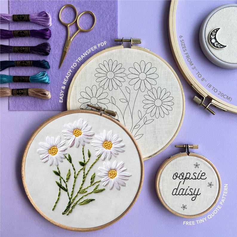 Diseño de bordado de margaritas en PDF * Adorno floral de nacimiento de abril * Regalo de flores silvestres DIY * Patrón de costura a mano de margaritas "oopsie" imagen 2