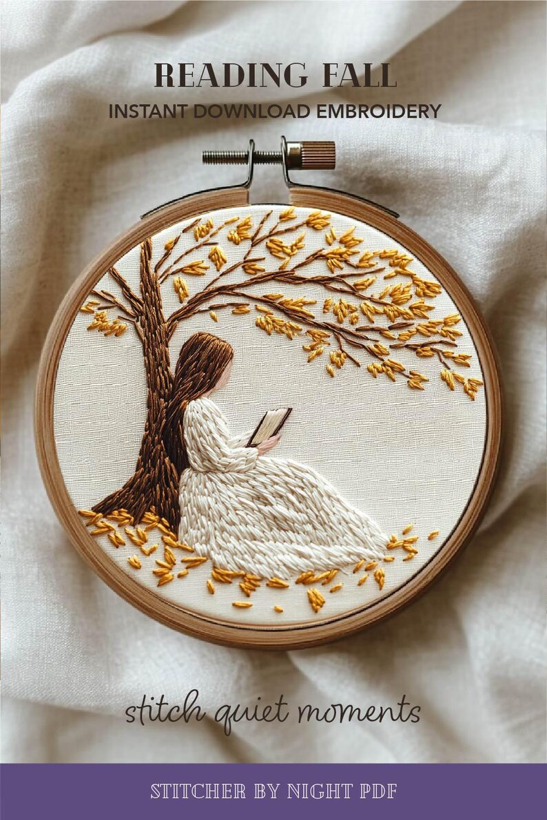 Diseño de bordado otoñal para niña * Árbol de lectura para proyecto de manualidades de otoño * Patrón de bordado a mano de otoño en PDF * Regalo acogedor de bordado para amantes de los libros imagen 14