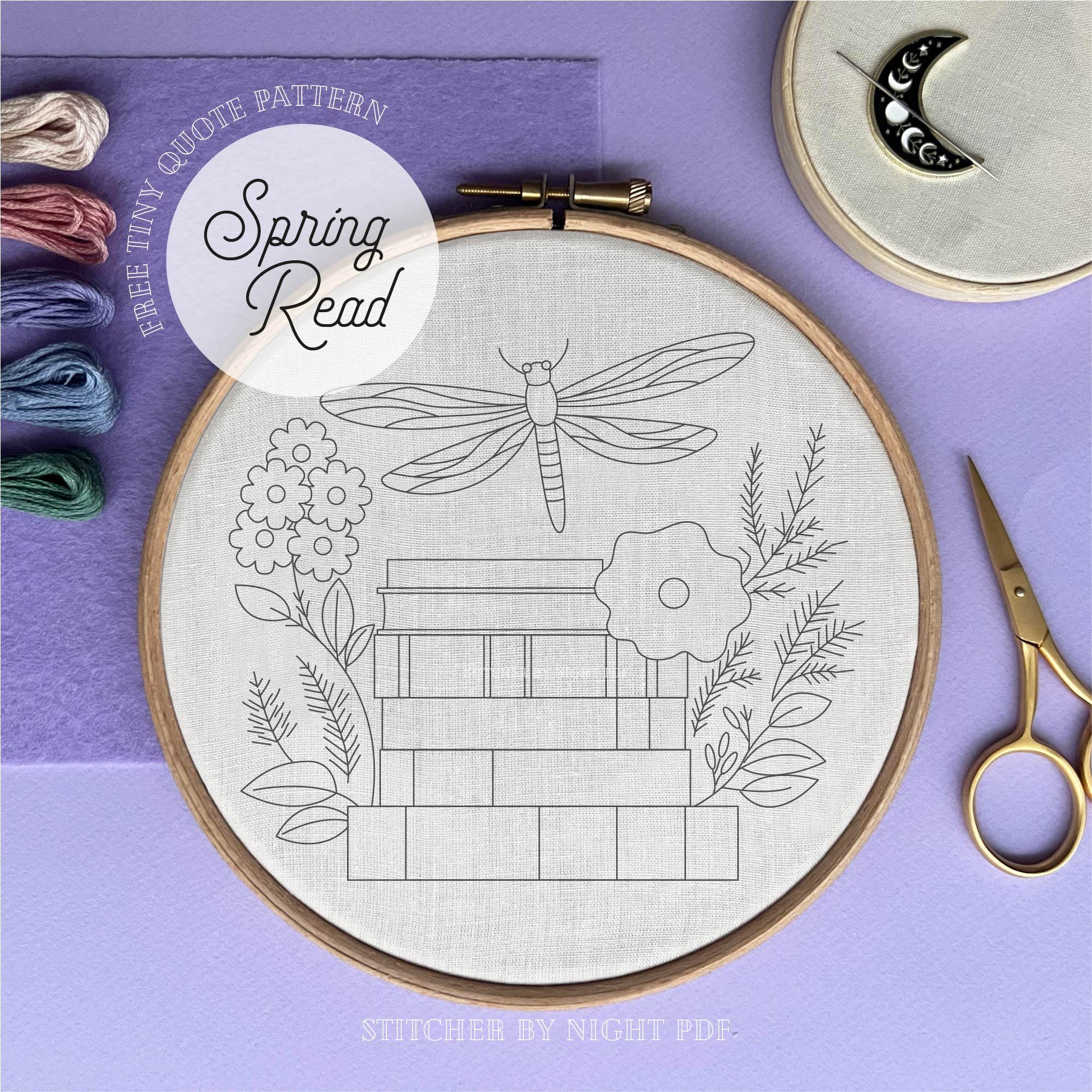 Dragonfly & Book Stack Embroidery Design * Floral Bookshelf Embroidery ...