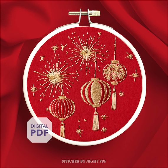 chinese new year embroidery design * lunar new year decor with lanterns * instant download pdf