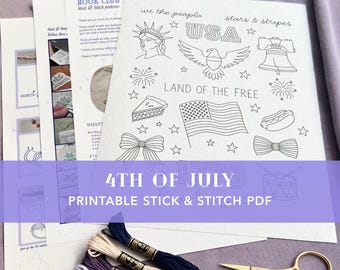 fourth of july stick and stitch embroidery pattern pdf  • USA 250th anniversary • stars and stripes gift • upcycle clothing patriotic design