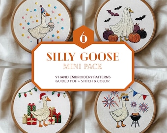 silly goose embroidery design pack • quirky farm animal ornament • funny party hoop art • all seasons celebration hand stitching pattern PDF