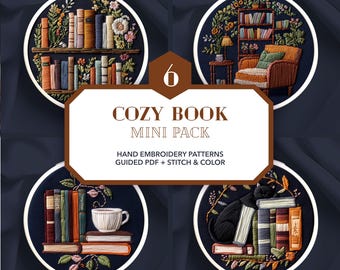 Paquete de diseños de bordado para la temporada acogedora * Diseño de bordado de estantería * Patrón PDF fácil para amantes de los libros * Regalo para la sociedad de lectores acogedores