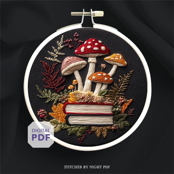 mushrooms embroidery design * magic book embroidery * mushroom hand embroidery pattern * Pdf instant download