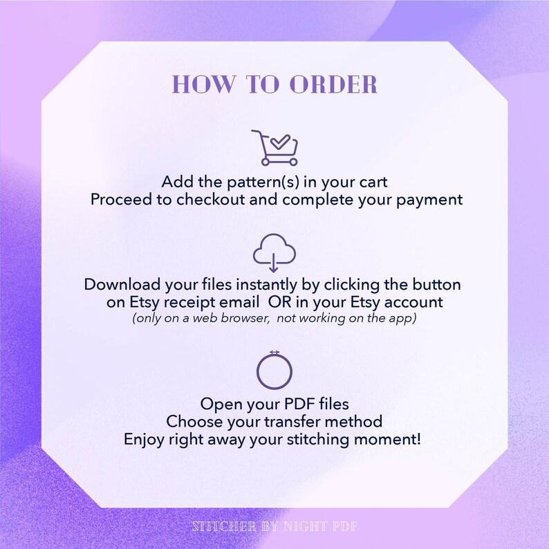 May include: A purple and white graphic with instructions on how to order a digital pattern. The text includes steps like adding to cart, downloading files, and enjoying the stitching moment. The bottom of the graphic says "STITCHER BY NIGHT PDF".