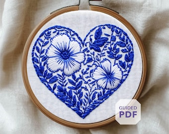 delft blue heart embroidery design PDF * porcelain aesthetic * diy chinoiserie decor * hand stitching pattern