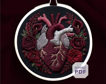anatomical heart embroidery design PDF * floral dark romance decor * victorian goth ornament * fantasy bookish gift