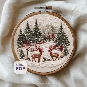 winter scene embroidery design * chirstmas deer ornament * mountain PDF pattern * instant download