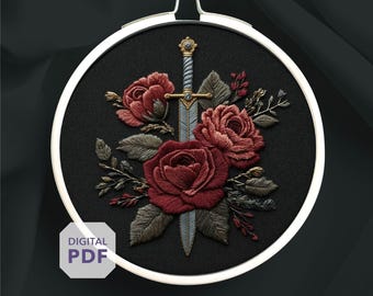 sword embroidery design PDF * dark romance decor * goth ornament * fantasy bookish gift