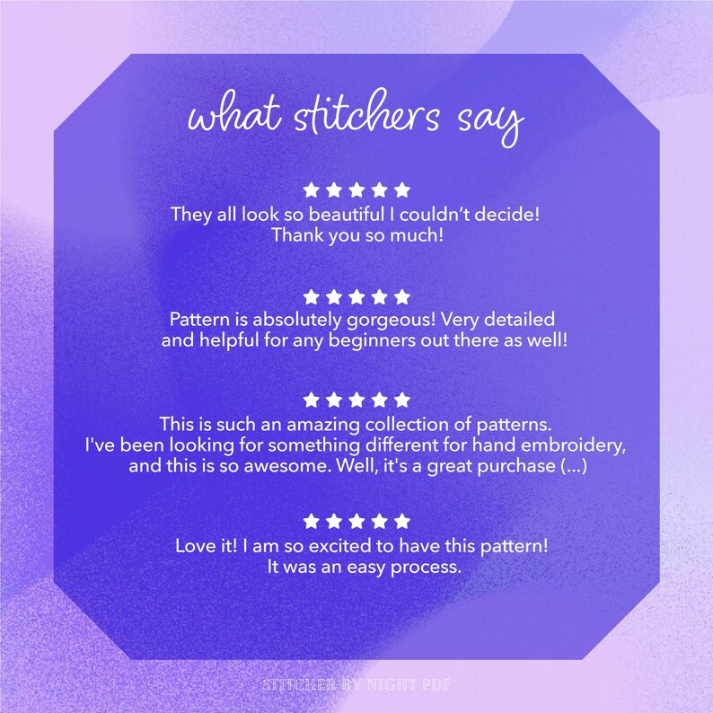 Puede incluir: Un dise&ntilde;o gr&aacute;fico morado y azul con el texto "what stitchers say" y rese&ntilde;as de clientes sobre patrones de bordado. Las rese&ntilde;as elogian la belleza, el detalle y la utilidad de los patrones para principiantes.