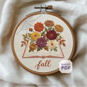 Autumn Book Embroidery Design PDF * Fall Floral Reading Hoop Art * Spooky Bookish Hand Stitching Pattern * Dark Academia Decor