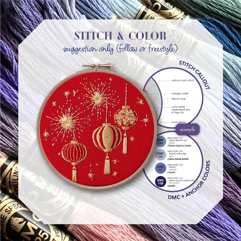 Puede incluir: Un bastidor de bordado rojo con faroles y fuegos artificiales de hilo dorado. El texto "STITCH & COLOR" y "suggestion only" es visible. La imagen incluye una llamada de puntada y una tabla de colores.