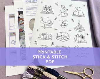 Bookish Embroidery Design • Printable Stick and Stitch PDF • Upcycle Clothing Pattern • Cozy Reading Tote Bag DIY • Floral Book Patch