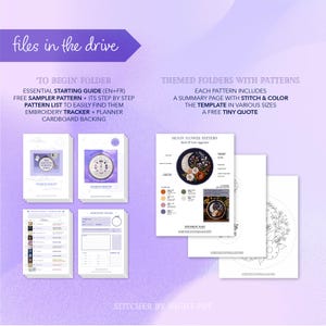 May include: Digital embroidery pattern files with the text "files in the drive". The image shows a variety of printable guides, including a sampler pattern, embroidery tracker, and planner. The "Moon Flower Pattern" is displayed, along with color swatches and a free quote.