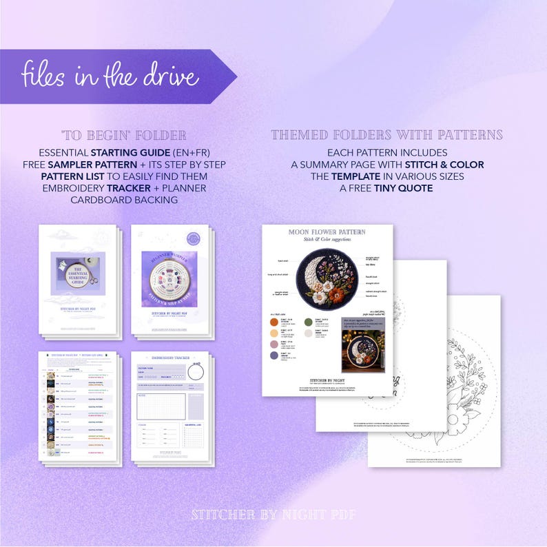 May include: Digital embroidery pattern files with the text "files in the drive". The image shows a variety of printable guides, including a sampler pattern, embroidery tracker, and planner. The "Moon Flower Pattern" is displayed, along with color swatches and a free quote.