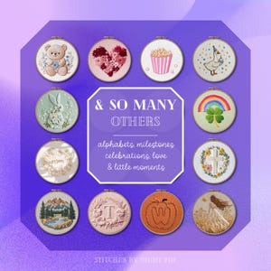May include: A collection of embroidered hoops with various designs, including a teddy bear, heart, popcorn, goose, rabbit, rainbow, four-leaf clover, cross, landscape, letter "T", pumpkin, and a woman. Text reads "& SO MANY OTHERS".