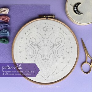 May include: A white embroidery hoop with a black and white line drawing of a ram's head with stars around it. The text "pattern file" is in the lower left corner. The text "the pattern in 6 sizes (3" TO 8") & a themed bonus template" is below the text "pattern file". The text "STITCHER BY NIGHT PDF" is in the lower right corner.