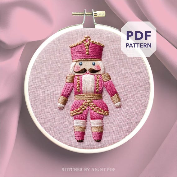 nutcracker embroidery design * pink Christmas soldier embroidery * festive stitched ornament * cute xmas hand embroidery pattern PDF