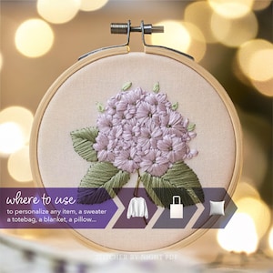 May include: A close-up of a light pink embroidered hydrangea flower design on a white fabric in a wooden embroidery hoop. The text "where to use to personalize any item, a sweater a totebag, a blanket, a pillow..." is below the hoop.