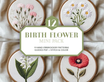 birth flower embroidery design pack * 12 birth month ornaments * bloom hoop art bundle * cute bday gift * floral hand stitching patterns PDF