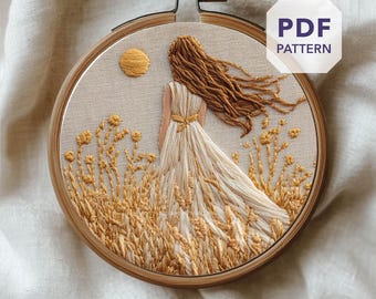 sun girl embroidery design * witchy woman in wheat field * summer oracle embroidery pattern PDF * boho embroidery gift * wildflower muse
