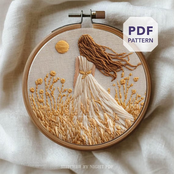 sun girl embroidery design * witchy woman in wheat field * summer oracle embroidery pattern PDF * boho embroidery gift * wildflower muse