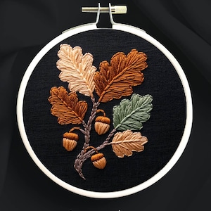 Oak Tree Embroidery Design, Handmade Acorn Gift, Falling Oak Leaves ...