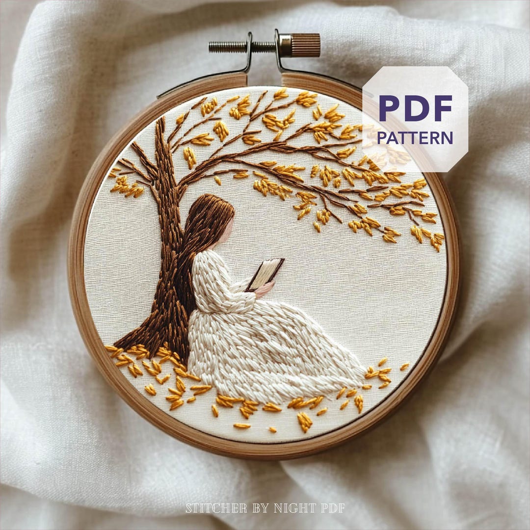 Girl Fall Embroidery Design * Reading Tree for Autumn Craft Project ...