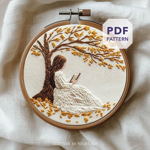 girl fall embroidery design * reading tree for autumn craft project * fall hand embroidery pattern PDF * cozy book lover embroidery gift