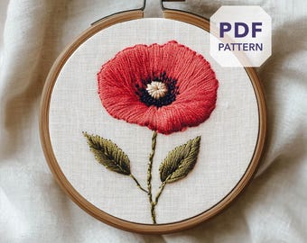 poppy embroidery design * August birth flower gift * wildflower hoop art for beginner * custom birthday hand embroidery pattern PDF