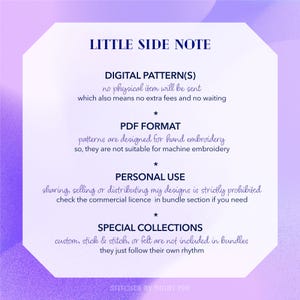 May include: A white and purple graphic with the text "LITTLE SIDE NOTE" and details about digital embroidery patterns. The text includes information about PDF format, personal use, and special collections. The image is from "STITCHER BY NIGHT PDF."