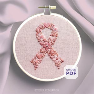 awareness ribbon embroidery * breast cancer ornament * pink floral bow * emotional support gift * growing hope hand stitching pattern pdf