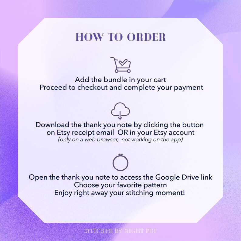 Puede incluir: Un gr&aacute;fico blanco y morado con instrucciones sobre c&oacute;mo pedir un producto digital. El texto incluye pasos como agregar un paquete al carrito, completar el pago y descargar una nota de agradecimiento. La parte inferior del gr&aacute;fico dice "STITCHER BY NIGHT PDF."