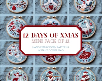 12 days of christmas embroidery design pack * twelve days christmas ornaments * winter hand embroidery patterns bundle * instant download