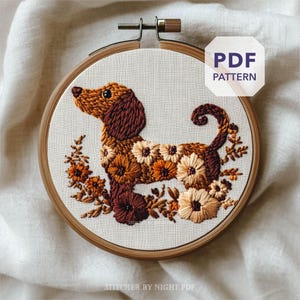 dachshund embroidery design  * floral dachshund gift for dog lovers * handmade puppy wall art * mini dog hand embroidery pattern PDF