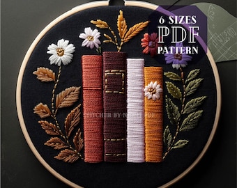 easy bookshelf embroidery pattern * floral bookshelf embroidery design * mini book stack hoop art * book lover hand embroidery pattern PDF