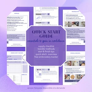 Puede incluir: Una Gu&iacute;a de inicio r&aacute;pido para bordar, con un dise&ntilde;o morado y blanco. La gu&iacute;a incluye secciones sobre suministros, m&eacute;todos de transferencia y t&eacute;cnicas de acabado. El texto incluye "essentials to gain in confidence" y "free embroidery tracker".