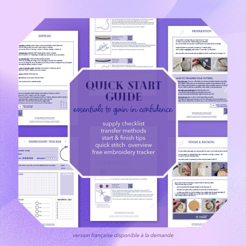 Puede incluir: Una Gu&iacute;a de inicio r&aacute;pido para bordar, con un dise&ntilde;o morado y blanco. La gu&iacute;a incluye secciones sobre suministros, m&eacute;todos de transferencia y t&eacute;cnicas de acabado. El texto incluye "essentials to gain in confidence" y "free embroidery tracker".