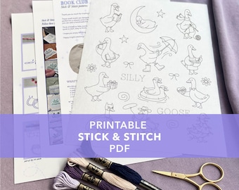 silly goose embroidery designs • print stick and stitch PDF • silly goose era patch • cowboy goose ornament • funny upcycle clothing DIY
