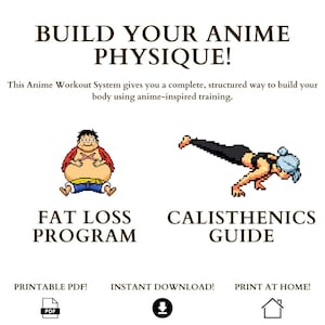 Puede incluir: Gráfico blanco con el texto "BUILD YOUR ANIME PHYSIQUE!" y "FAT LOSS PROGRAM" y "CALISTHENICS GUIDE". Incluye ilustraciones de estilo anime pixeladas de una persona y una pose de entrenamiento. El texto también dice "PRINTABLE PDF!", "INSTANT DOWNLOAD!" y "PRINT AT HOME!"
