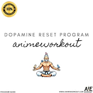 以下が含まれることがあります： 白い背景に、筆記体の「Dopamine Reset Program」と「animeworkout」の文字。鳥と一緒に瞑想する人物のピクセル化されたイラストが中央にあります。「100% Satisfaction」と書かれた金のシールが左上にあります。
