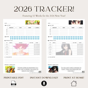 May include: A printable PDF fitness tracker for 2026, featuring 52 weeks. The design includes sections for daily diet, water intake, workout plans, and weekly anime quotes. The tracker has anime character illustrations and is available for instant download.