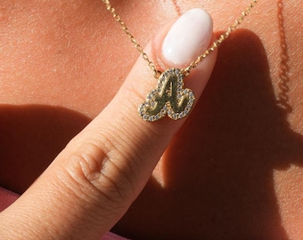 Naszyjnik z konturem litery Pave Bubble, wisiorek z literą Pave Diamond, naszyjnik z imieniem Bubble ze złota 14k, niestandardowy naszyjnik z literą 3D, naszyjnik z balonem