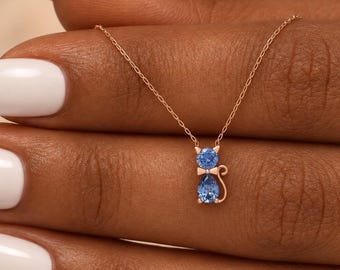 Cat Lover Birthstone Necklace , Gold Custom Kitten Necklace Grandma Mother Christmas gift for her , Two Birthmonth Jewelry